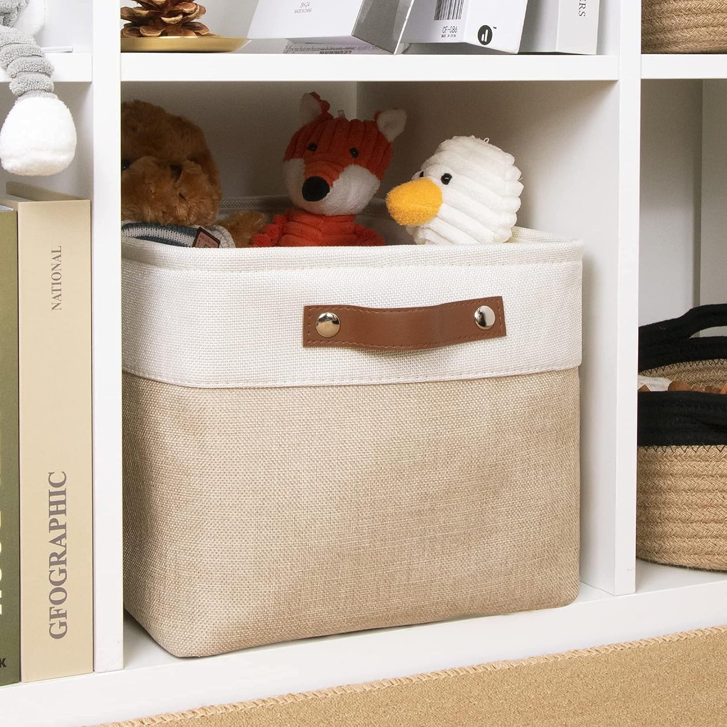 DULLEMELO Collapsible Rectangle Fabric Storage Basket for Organizing Clothes, Toys, Towels, Books, Laundry, Nursery, Dog Toys (White & Khaki)