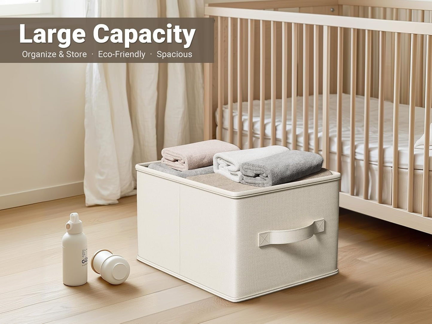 3 Pack Fabric Storage Bins for Shelves | 14¾" L*10¼" W*8¼" H Closet Storage Bins | Collapsible Closet Organizers for Clothes | Linen Clothes Bins | White & Ivory