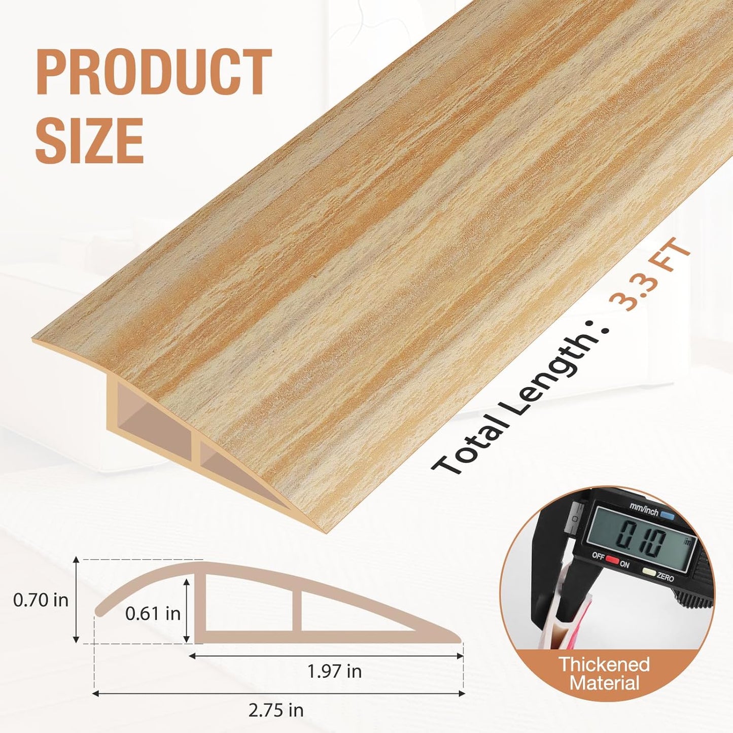 Floor Transition Strip Self Adhesive Vinyl Door Threshold for Doorways Carpet Edging Trim Overlap Edge Reducer for Laminate Floor, Carpet, Tile (Light Yellow Wood Grain, 2/5" to 3/5", 3.3Ft)