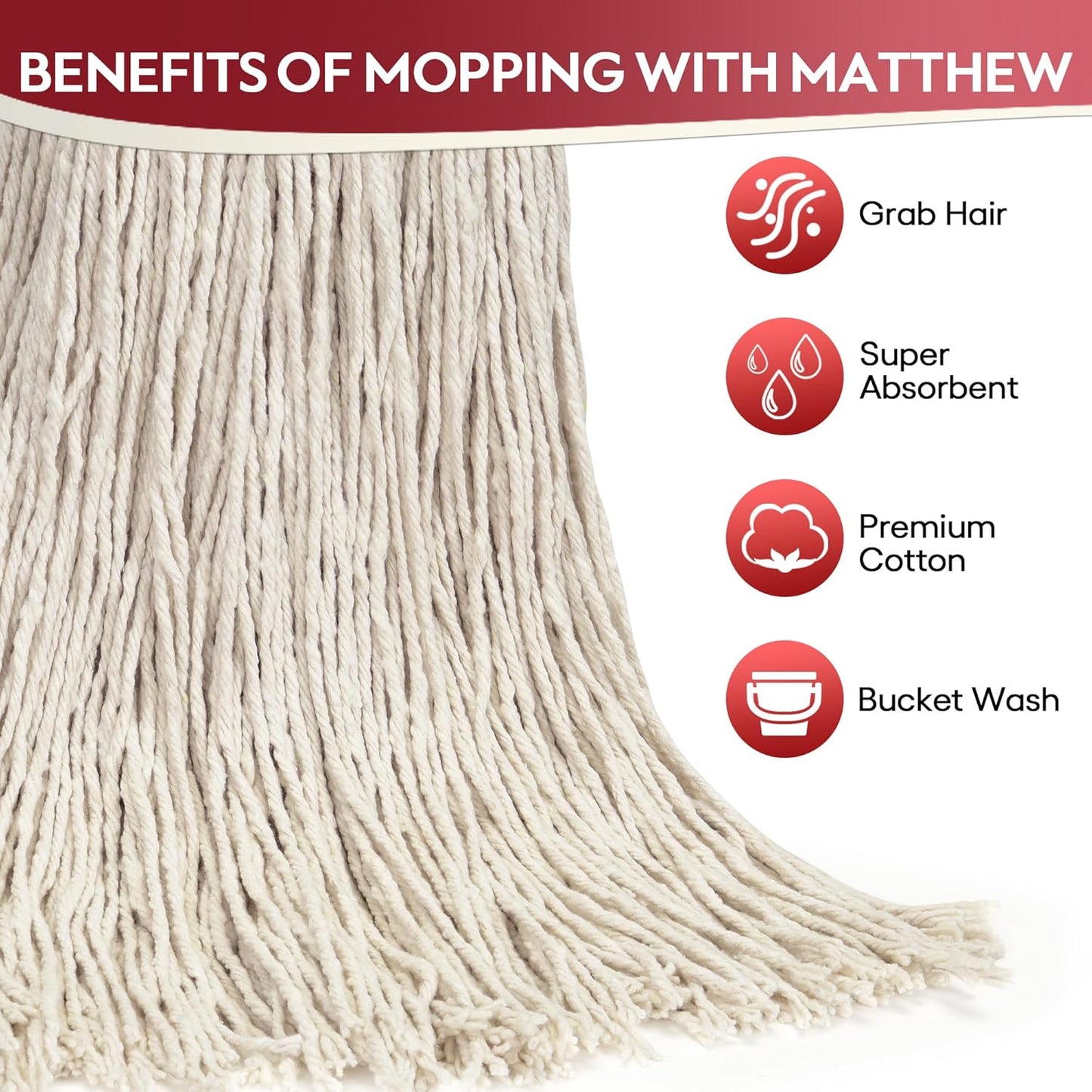 Matthew Cleaning 16oz 6Pack Cotton Floor Mop,Cotton Looped-Open String Heavy Duty String Refills, Universal Headband Blend ,Mop Head Replacement for Home, Industrial and Commercial Use(White)