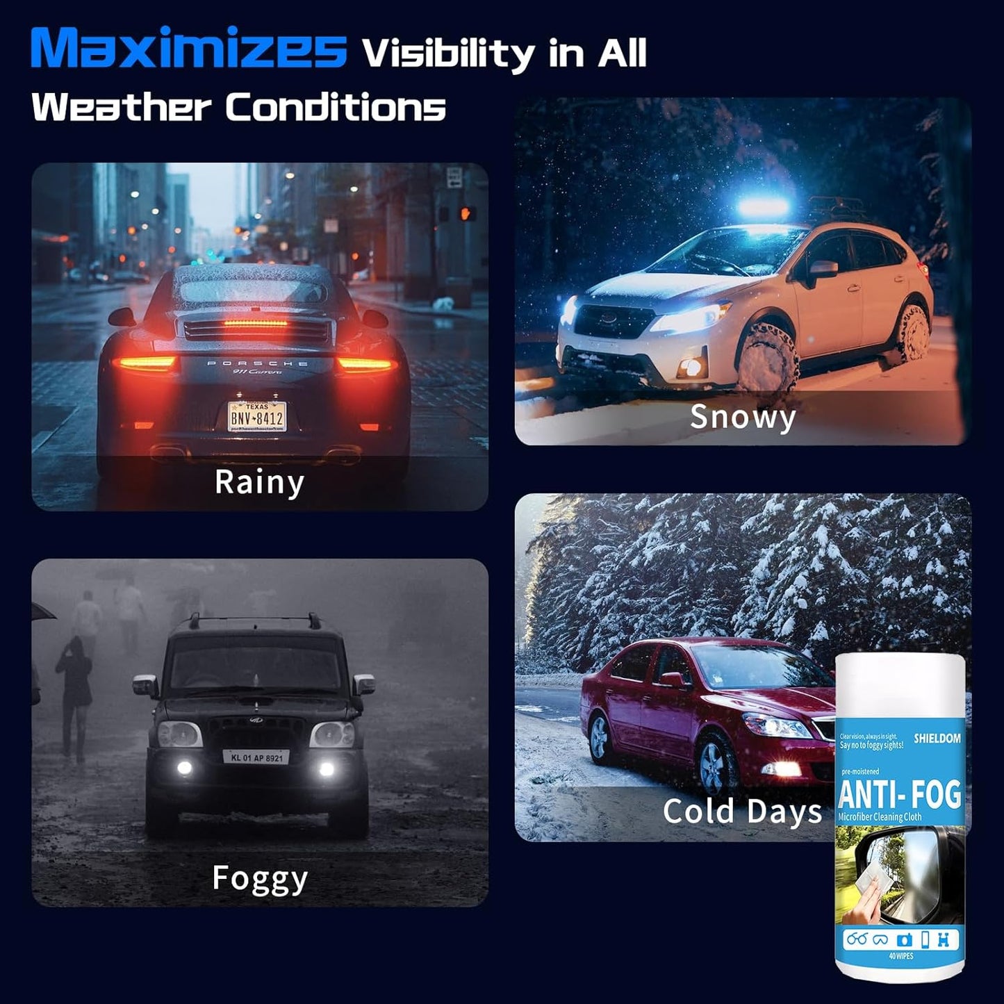 Glass Anti-Fog Wipes Pre-moistened Defogger to Prevent Fogging on Bathroom Mirror, Shower Door, Car Windshield, Window, Helmets, Goggles Quick NO Fog Tissue Resealable Bottle -40 Wipes