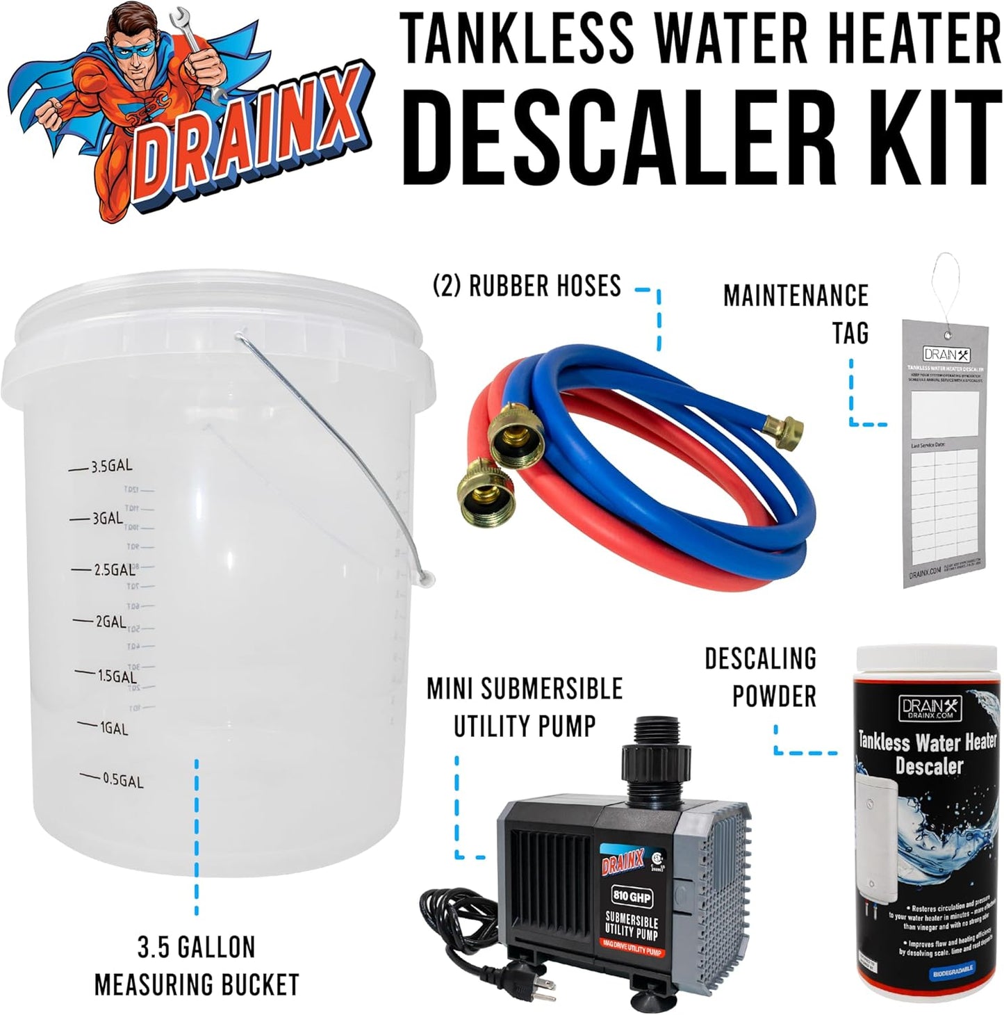 DrainX Tankless Water Heater Flushing Kit with Pump, Hoses, Descaling Powder and Measuring Bucket, All in One Complete Maintenance Solution