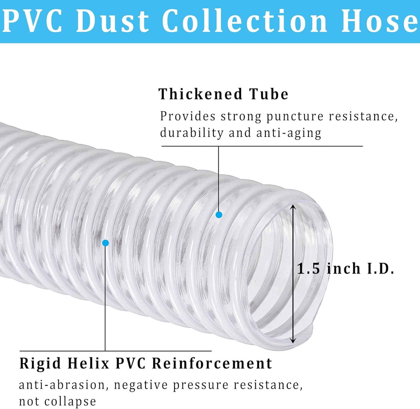 Dust Collection Hose 1-1/2 in × 5 ft Heavy Duty Clear Flexible PVC Reinforced Thicken Helix Suction Discharge Corrugated Pipe Hose for Fume Dust Collector Fitting Wood Chip Saw (1.5 inch hose)