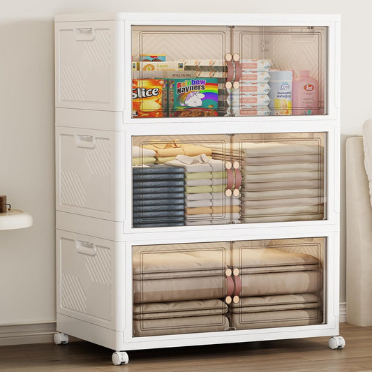 SAILUN 471QT Extra Large Collapsible Storage Bins with Wheels and Lid, Stackable Storage Bins Open Closet Organizers and Storage Storage Containers Drawers,30" L × 19.7" W × 50.4" H（3 Pack）