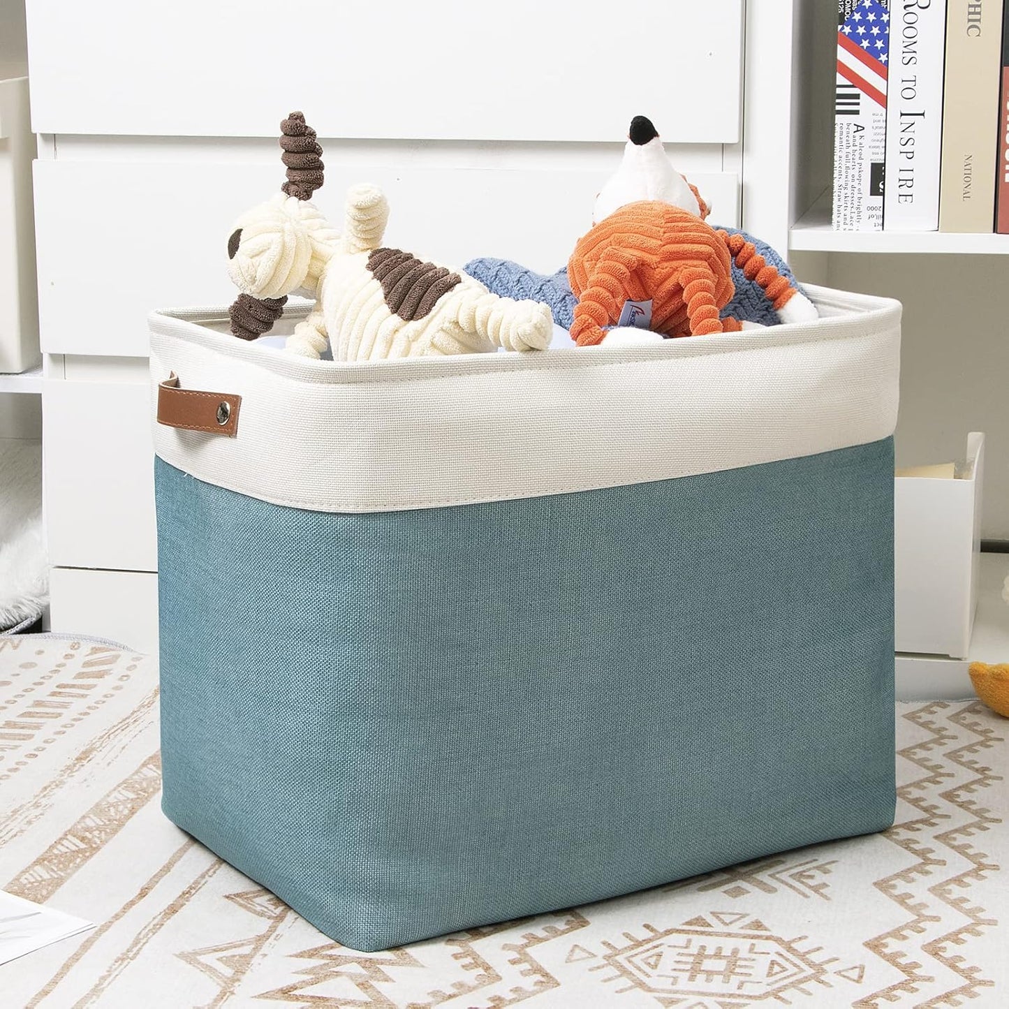 DULLEMELO Large Collapsible Storage Basket/Bin with Sturdy Leather Handles, Fabric Organizer Bin for Storage Clothes, Toys, Books, Office, Bedroom, Closet, Nursery & Laundry (White&Teal)