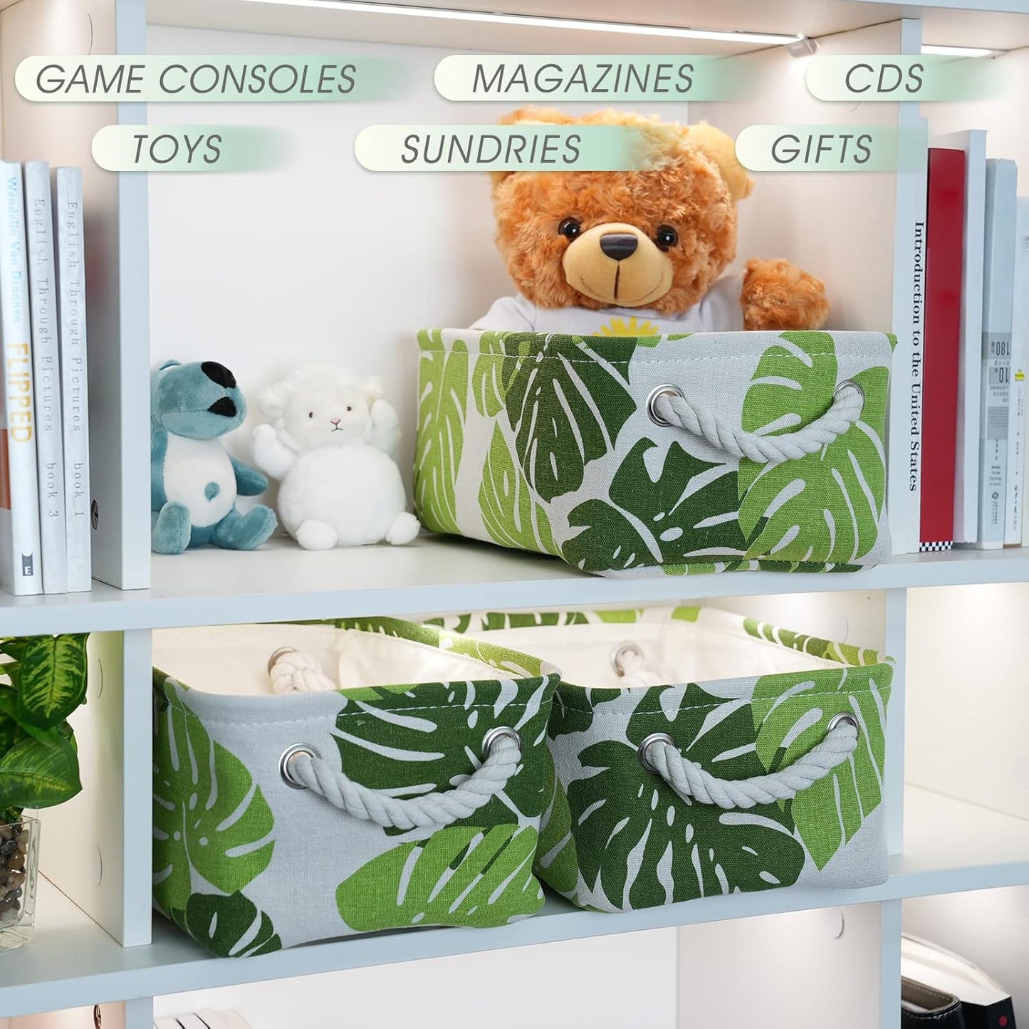 Organization and Storage Basket for Shelves - Small 6 Pack Fabric Storage Bin Collapsible Baskets for Organizing with Handle for Cloth Decorative Laundry Canvas (Banana Leaf 12x8x5.2 inch)