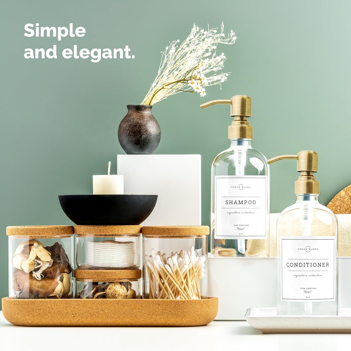 Vine Creations Glass Soap Dispenser, 2 Pack Kitchen Soap Dispenser Set with Ceramic Tray, Stainless Steel Pump, Dish Soap and Hand Soap Dispensers for Bathroom or Kitchen Decor with Waterproof Labels