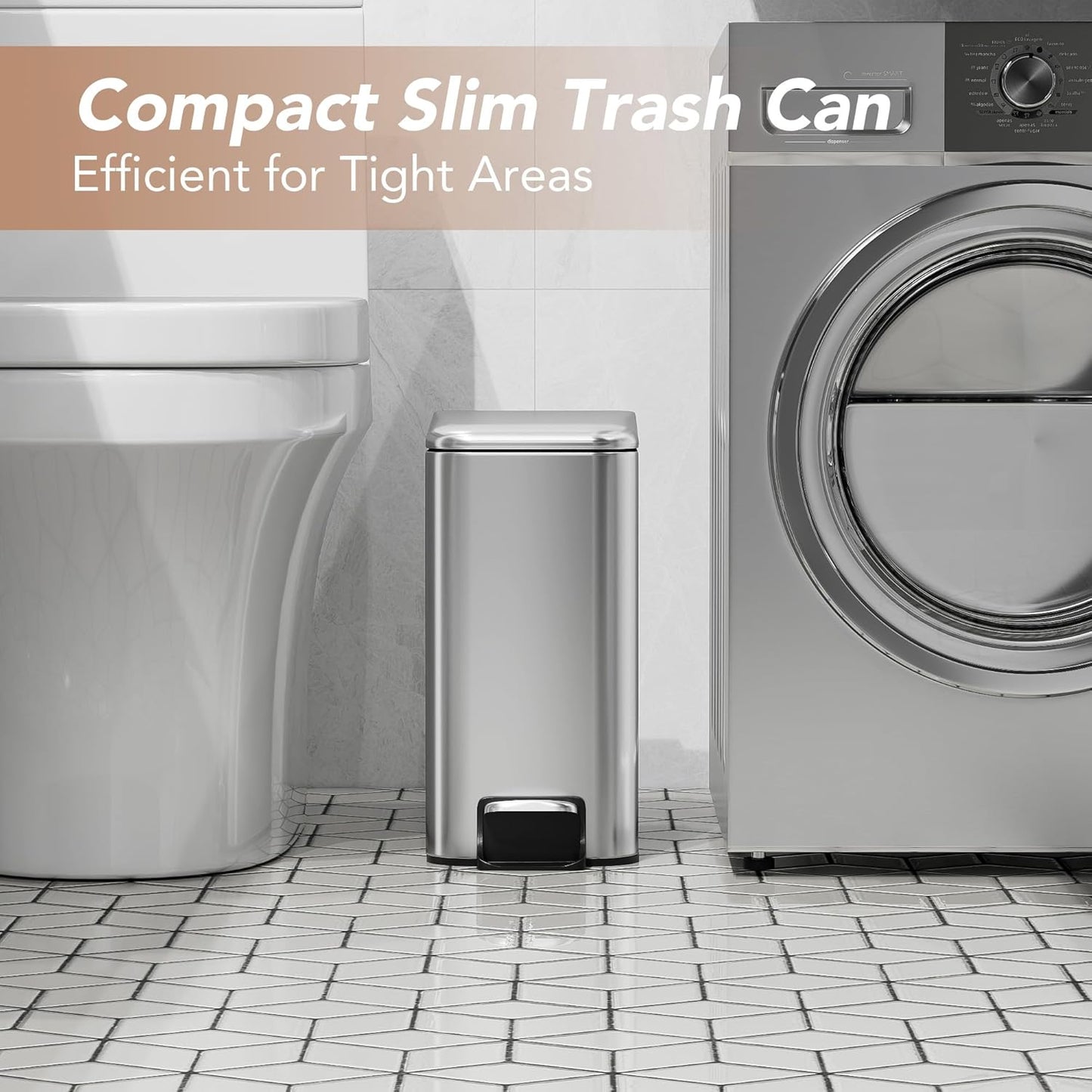 Small Trash Can with Lid Soft-Close, 6 L/1.6 Gal Bathroom Garbage Can with Removable Inner Bucket, Step Pedal, Stainless Steel Wastebasket for Kitchen, Bathroom, Bedroom, Office, Silver