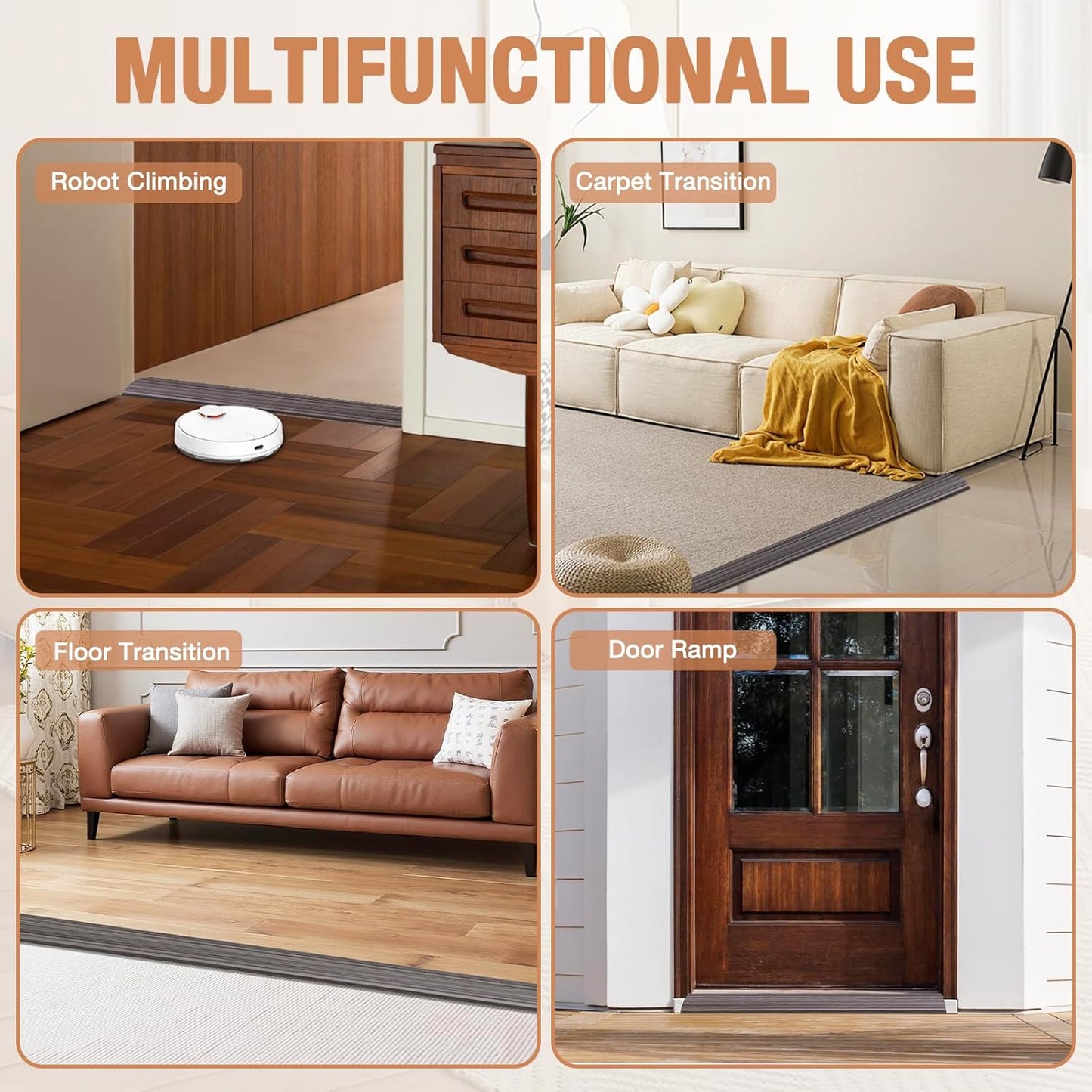 Floor Transition Strip Self Adhesive Vinyl Door Threshold for Doorways Carpet Edging Trim Overlap Edge Reducer for Laminate Floor, Carpet, Tile (Grayish Brown Wood Grain, 2/5" to 3/5", 3.3Ft)