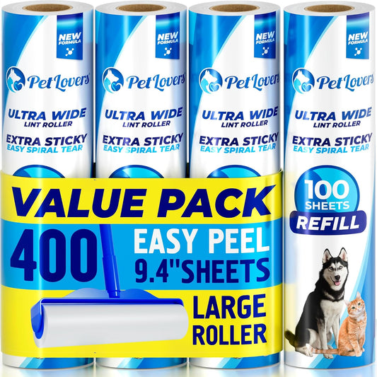 PetLovers Extra Sticky Floor Lint Roller 4 Pack of Refills Only - No Handles Included - 100 Sheets Per Refill 400 Sheets Total