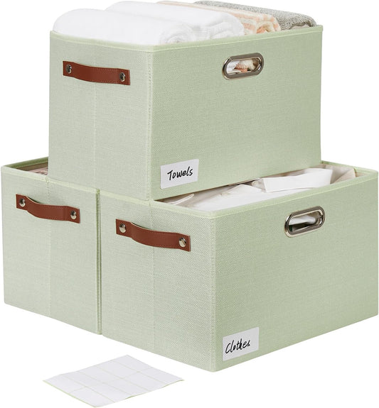 Large 3-Pack Foldable Fabric Storage Bins with Durable PU & Metal Handles, Collapsible Storage Baskets for Shelves, Home Storage, Closet Organizers, Living Room(14.9"x9.8"x9.8", Sage Green)