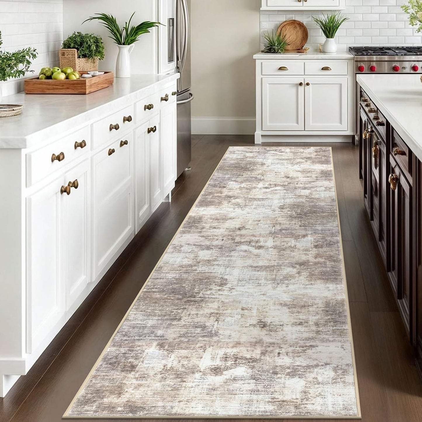 IOHOUZE Abstract Runner Rug 3x10 Ft Washable Runners for Hallways, Non Slip Kitchen Runner Printed Faux Wool Entryway Runner Indoor, Modern Abstract Floor Carpet for Hall Kitchen Bedroom, Beige Brown