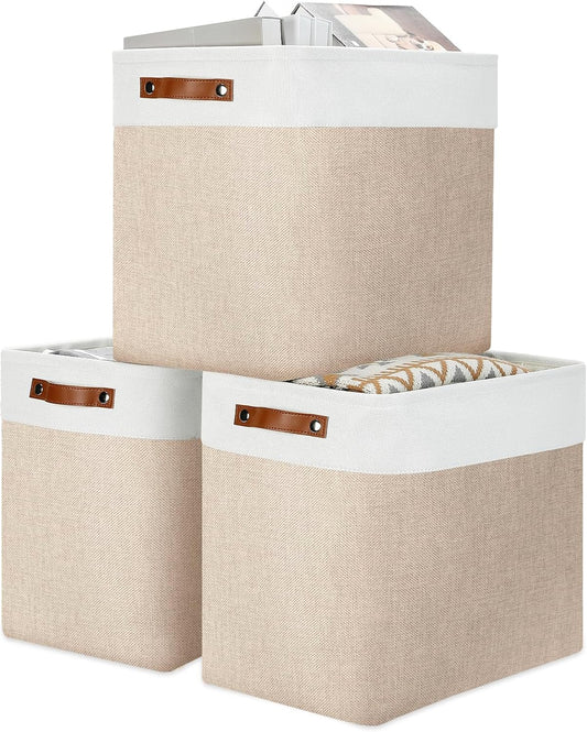 DULLEMELO Large Storage Baskets for Organizing, Canvas Storage Bins Big Baskets With Handles for Shelf Clothes Empty Gift Basket (White&Khaki)