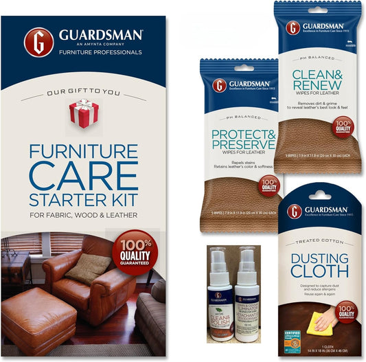 Guardsman Furniture Care Kit; Leather Conditioner, Polishing Cleaner; Includes 5 Clean & Renew Wipes, 5 Protect & Preserve Wipes; 1 Dusting Cloth; 1 Clean & Polish and 1 Stain & Odor Eliminator Spray