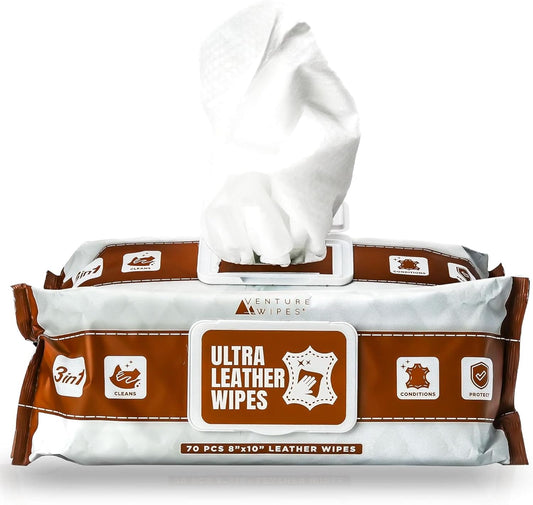 Venture Wipes Leather Cleaner Wipes - Clean, Condition, & Protect - Cleansing Wipes for Interior, Furniture, Purses, Shoes Boots - Car Cleaning Supplies - Extra Large 8"x10" - 70 Count