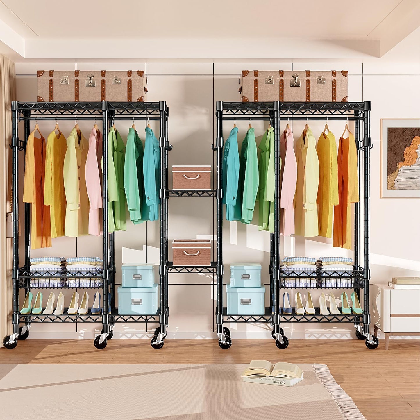 Heavy Duty Rolling Garment Rack 4 Tiers Adjustable Wire Shelving Clothes Rack with Rods and Side Hooks, Storage Closet Clothing Rack with Wheels Black 17.7" D x 47.2" W x 83.6" H