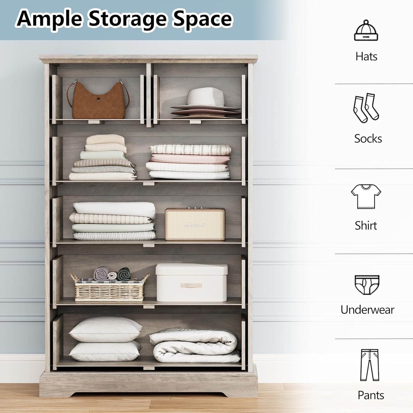 6 Drawer Dresser for Bedroom, 49" Tall Wooden Chest of Drawers, Rustic Farmhouse Dresser with Large Drawers & Metal Handles, Modern Storage Organizer for Closet, Living Room, Hallway, Grey