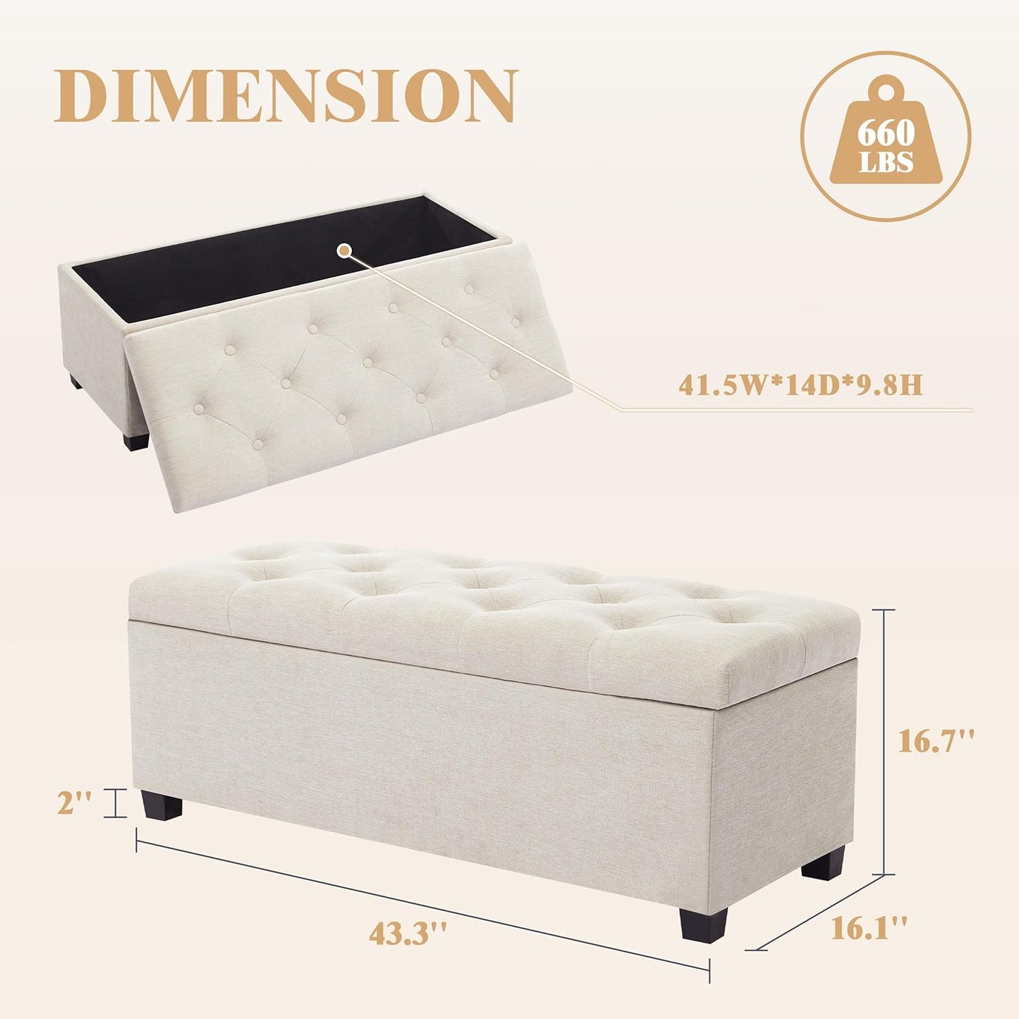 43’’ Storage Ottoman Bench, Linen Entryway Benches Load up to 660 Lb, Modern End of Bed Benches for Bedroom, Ottoman with Storage Bench for Living Room, Beige