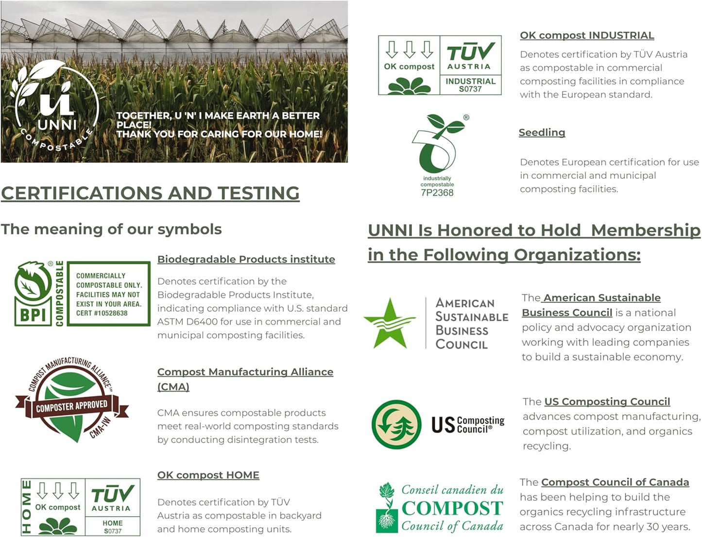 UNNI Compostable Trash Bags, 13 Gallon / 49.2 Liter, 50 Count, Extra Thick 0.9 Mil Tall Kitchen Food Scrap Bin Liners, Certified by BPI, CMA & OK compost HOME, Meets the ASTM D6400 Standard