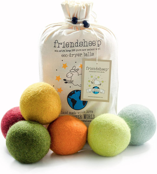 Friendsheep Wool Dryer Balls, Organic Reusable Fabric Softener Alternative for Laundry, Handmade, Fair Trade, Hypoallergenic, Eco-Friendly, Plastic-Free (6 Pack XL - Harvest Moon)