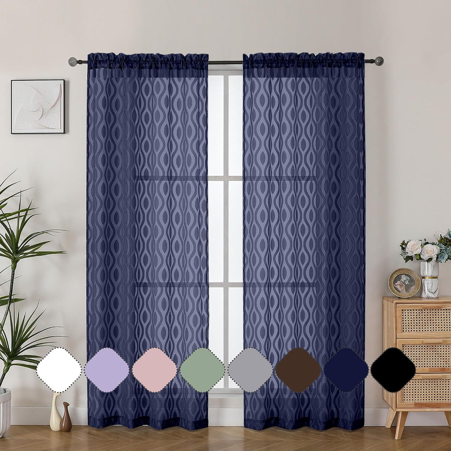 Aiyufeng Navy Blue Curtains 72 Inches Long 2 Panels Set, Elegant Light Filtering Transparent Curtain Draperies for Bedroom Living Room, Classic Clip Solid Wavy Line Door Curtains, 40" Wx72 L Inch