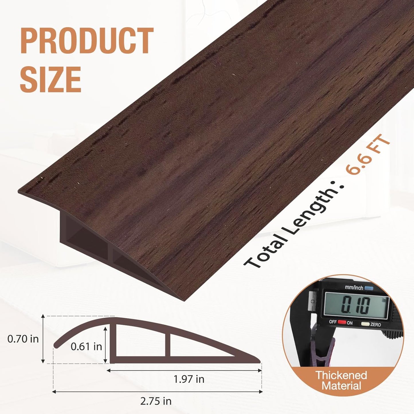 Floor Transition Strip Self Adhesive Vinyl Door Threshold for Doorways Carpet Edging Trim Overlap Edge Reducer for Laminate Floor, Carpet, Tile (Deep Brown Wood Grain, 2/5" to 3/5", 6.6Ft)