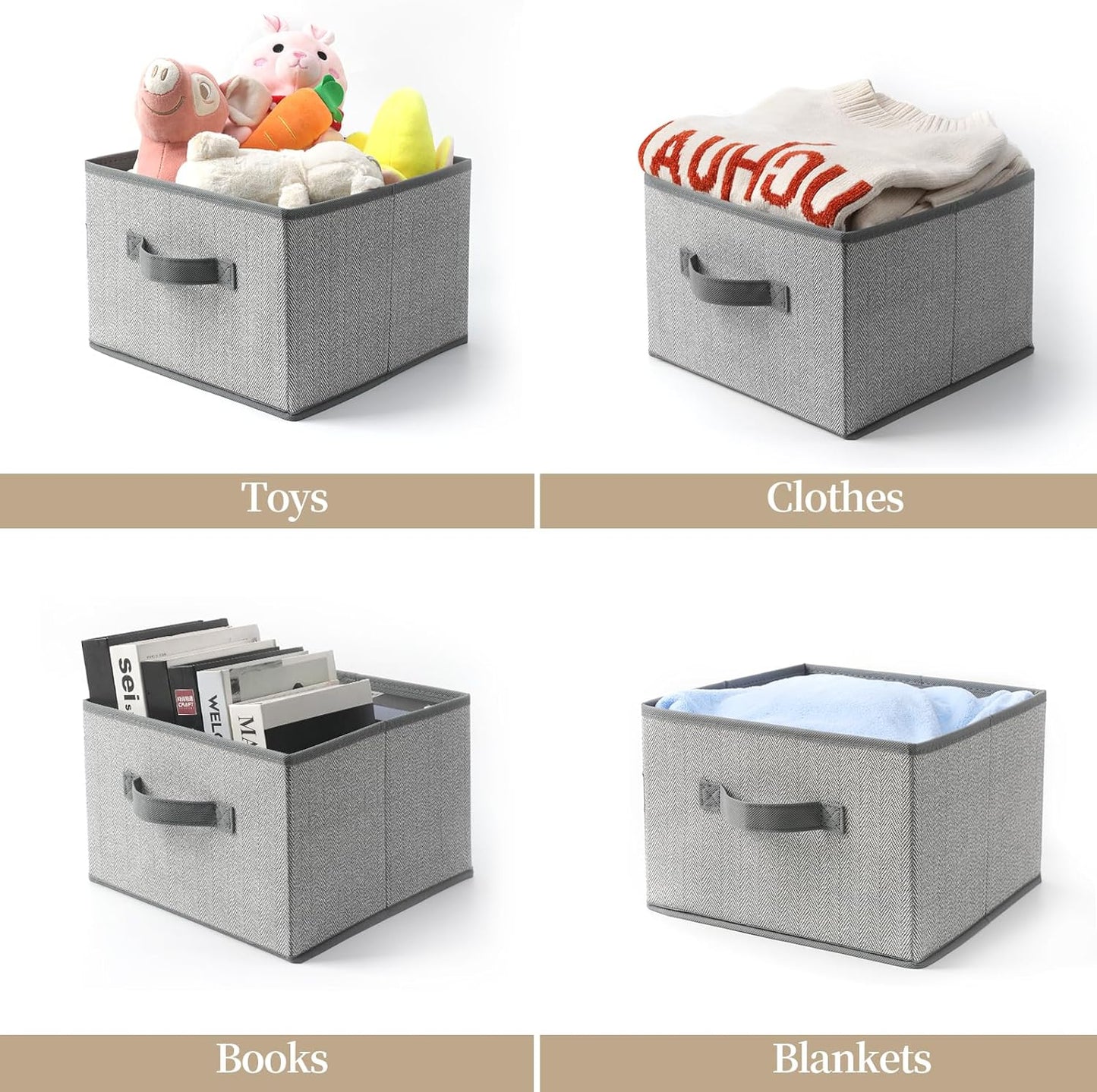 Storage Baskets, 11-Inch Woven Fabric Bins, Storage Cubes with Reinforced Handles, Organizer Bins for Closet Shelves, Foldable, for Toys, Clothes, Natural Beige (4PCS/Grey-11*11*7.8inch)