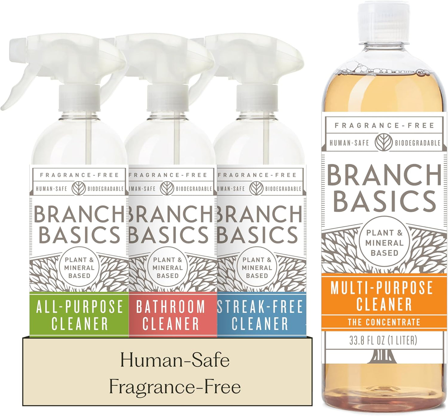 Branch Basics Cleaning Essentials Kit: All Purpose Spray, Glass Cleaner, and Bathroom Cleaner - Concentrate (33.8 Oz) + Plastic Spray Bottles for Cleaning (24 Oz) Non-Toxic, Fragrance-Free