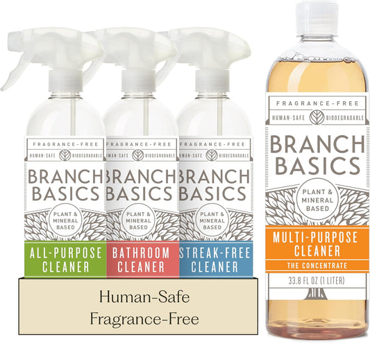 Branch Basics Cleaning Essentials Kit: All Purpose Spray, Glass Cleaner, and Bathroom Cleaner - Concentrate (33.8 Oz) + Plastic Spray Bottles for Cleaning (24 Oz) Non-Toxic, Fragrance-Free