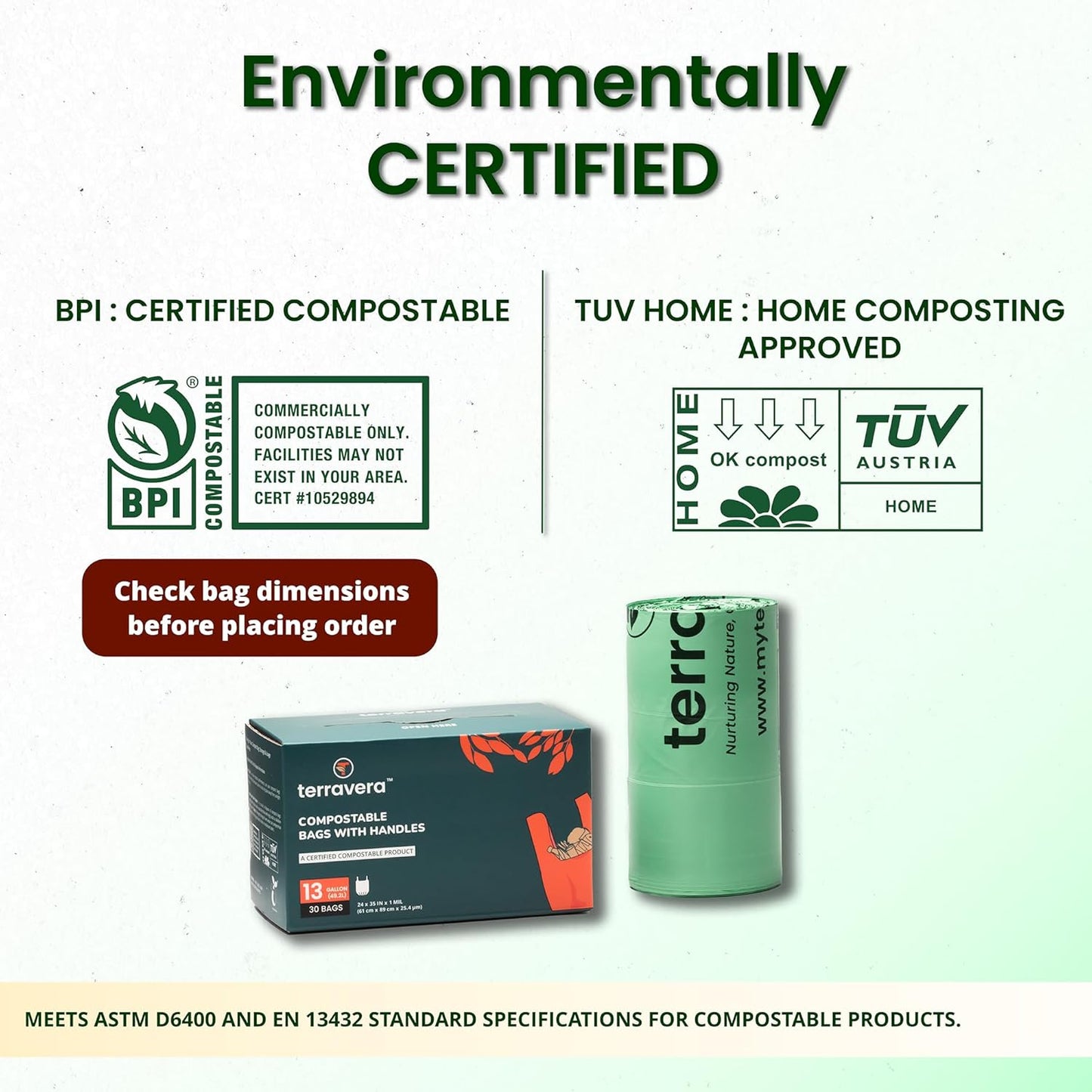 Compostable Trash Bags Flat Top | BPI & OK Home Certified ASTM D6400 Standards | Heavy Duty Kitchen & Yard Waste Bags (13 Gallon Flat Top (50 Count) with Gallon Freezer Bags (50 Count))