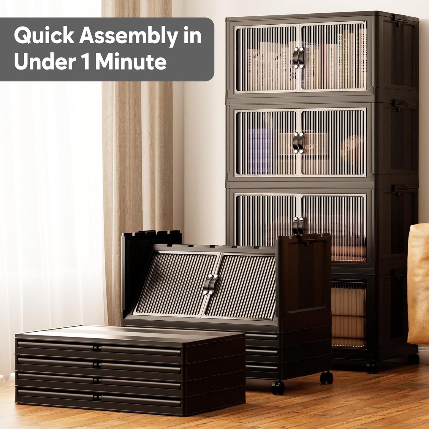 Jalove 30Gal Large Storage Bins with lids, 120QT Plastic Stackable Storage Containers with Wheels, Collapsible Closet Organizer and Storage Drawers,Clothes Organization for Cabinet Home, 1Pack Black