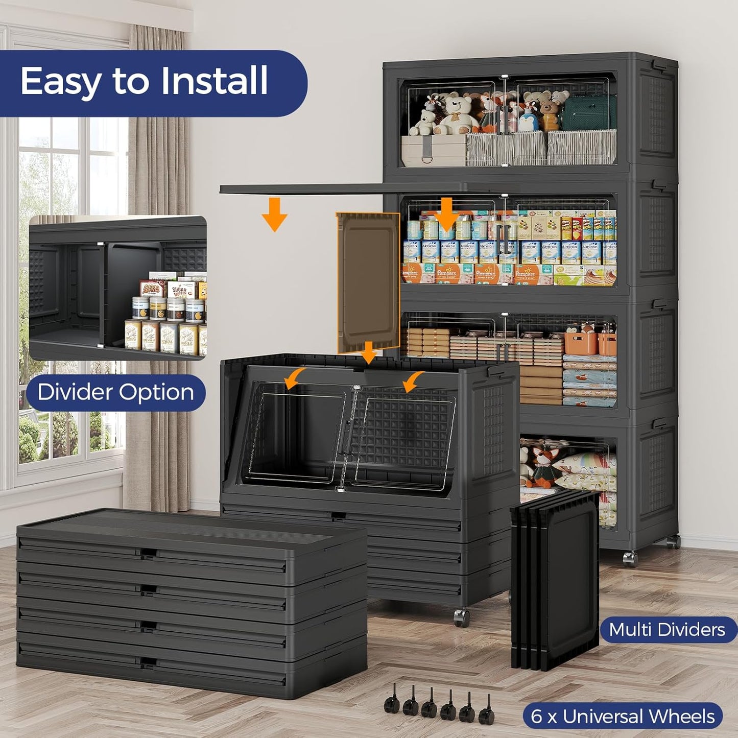 120GAL Storage Bins with Lid and Wheels, Stackable Closet Organizers and Storage Drawer, Collapsible Storage Box with Dividers, Foldable Plastic Cabinets Cubes Totes for Garage, 3 Pack Black