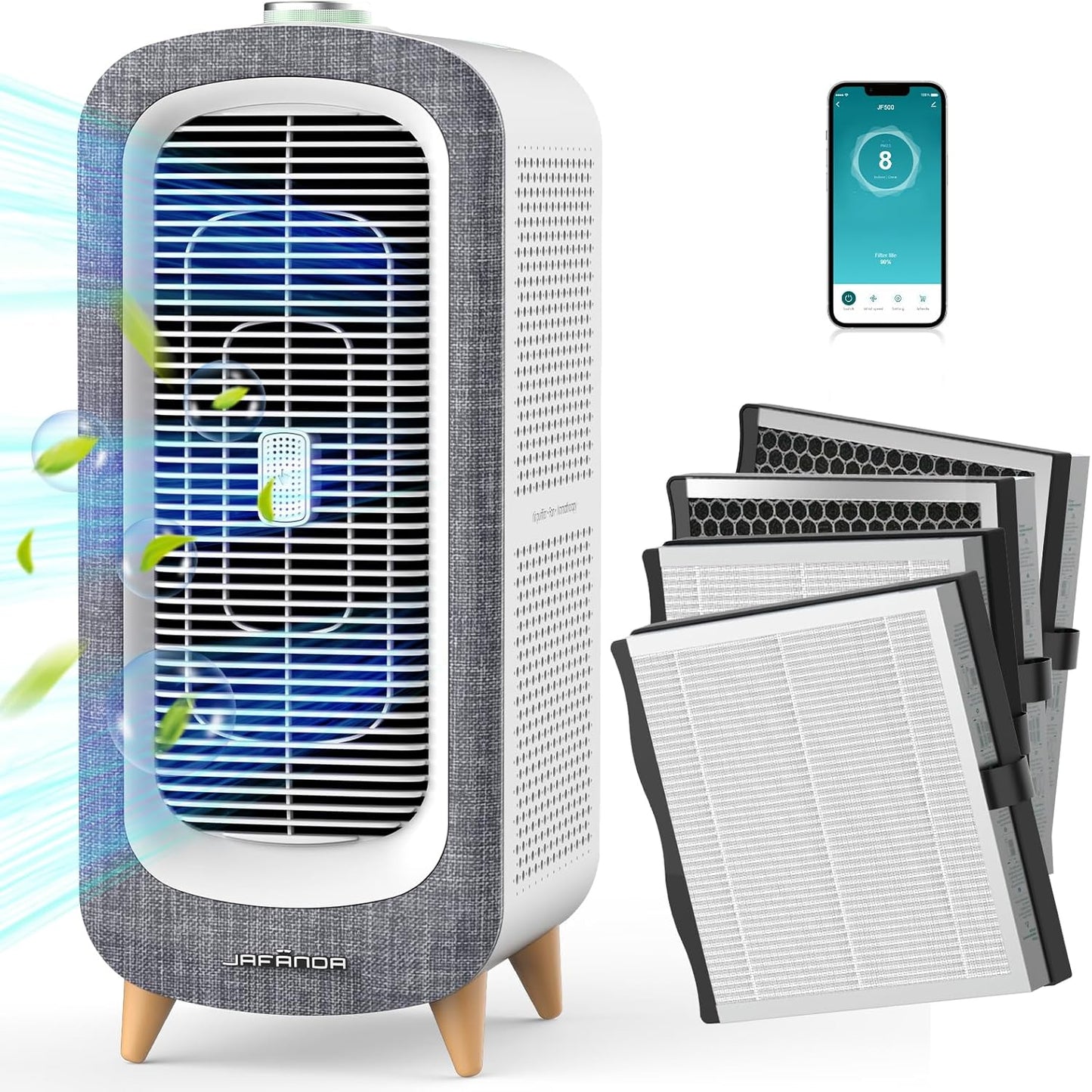Jafända Air Purifier JF500 with 4 HEPA 13 Activated Carbon Filters Up to 2105ft², Smart Air Cleaner 22dB Sleep Mode for Home Bedroom Large Room Pets Smokers, Removes 99.97% Mold Odor Dander Allergies