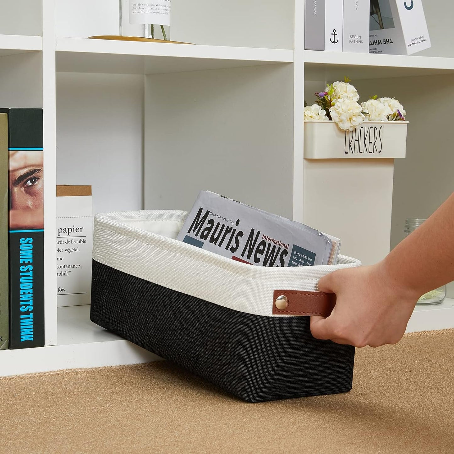 DULLEMELO Toilet Paper Storage Basket with Leather Handles, for Back of Toilet, Bathroom Storage for Towels & Paper (White & Black)