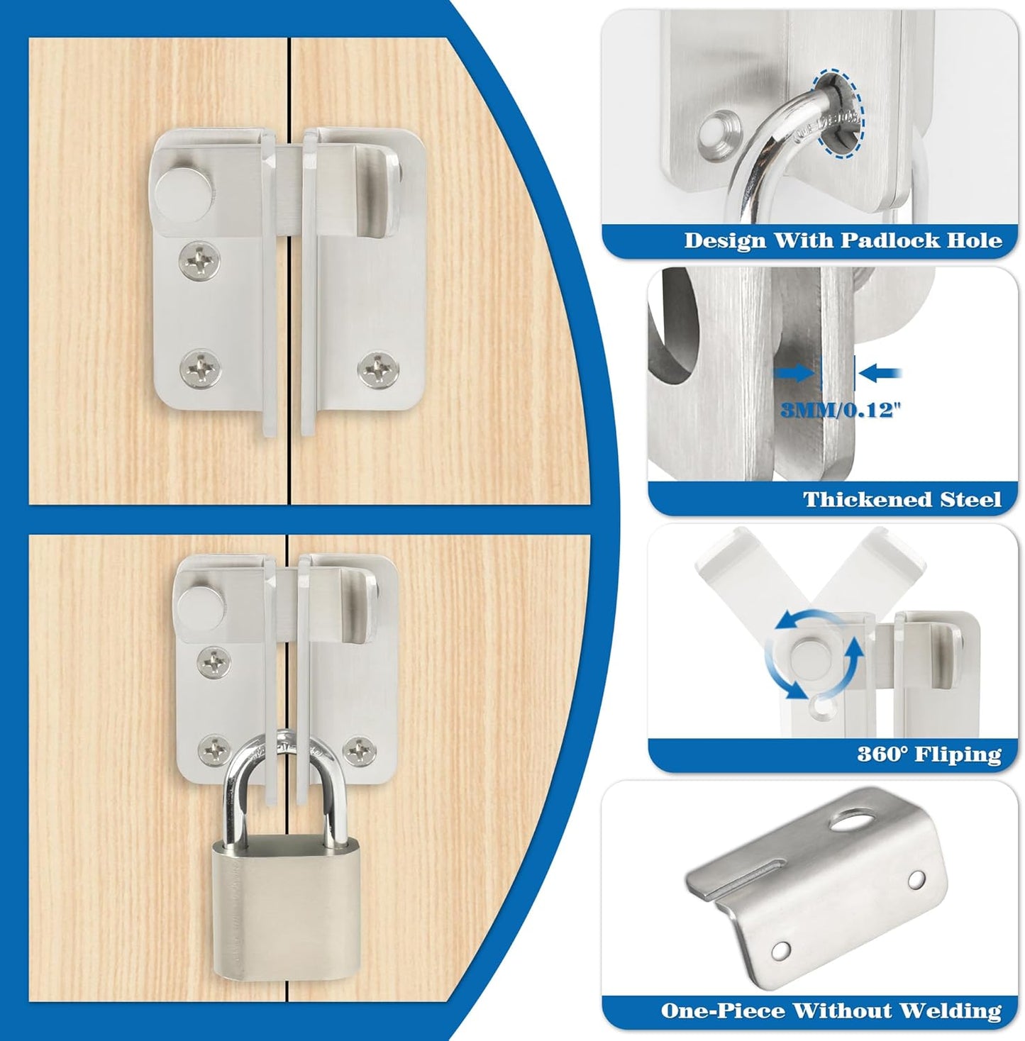 Alise Flip Latch,Gate Latches Slide Bolt Latch Safety Door Lock Catch for Barn Cabinet Pet Cage Wood Fence Bathroom Garage Window,SUS304 Stainless Steel Gate Hardware Locks,Brushed Nickel MS5009