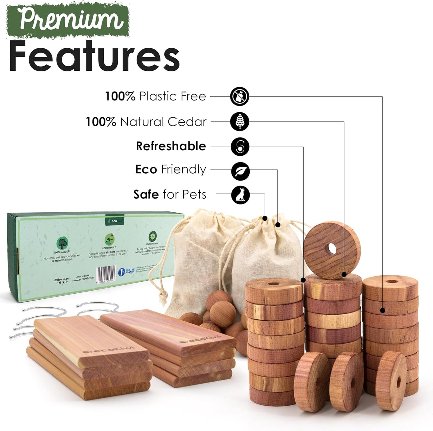 ecoKiwi Cedar Blocks for Clothes Storage Mega Bundle Box - Cedar Hangers x20, Balls x75 & Rings x55-100% Natural Oil Planks & Chips for Closets & Drawers - Aromatic Red Cedar Wood with Sandpaper