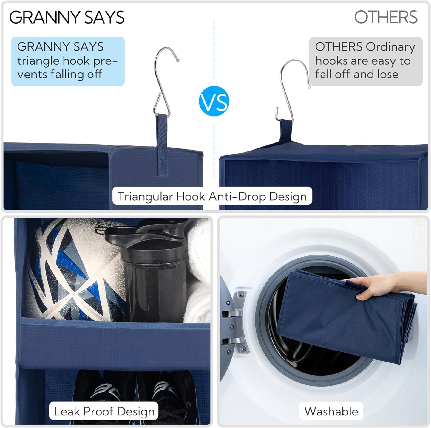 GRANNY SAYS 3-Shelf Closet Organizers and Storage, Foldable Hanging Closet Organizer, Closet Hanging Shelves with 2 Metal Hooks, Leak-Proof Hanging Organizer for Closet, Navy, 2-Pack