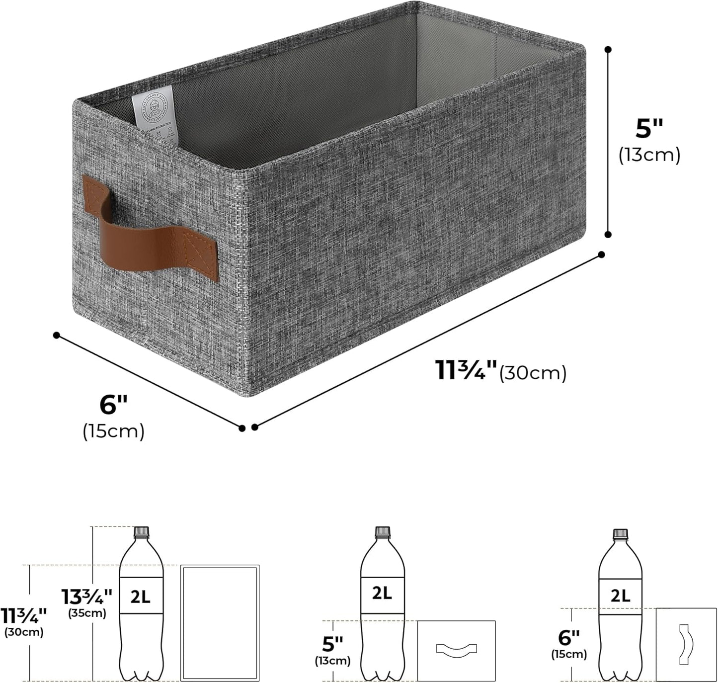 GRANNY SAYS Small Fabric Storage Bins with PU Handles, Storage Baskets for Shelves, Toilet Paper Storage, Narrow Baskets for Organizing DVD, Photos, Clothes, Diaper, Sock, Cd, 6-Pack, Gray