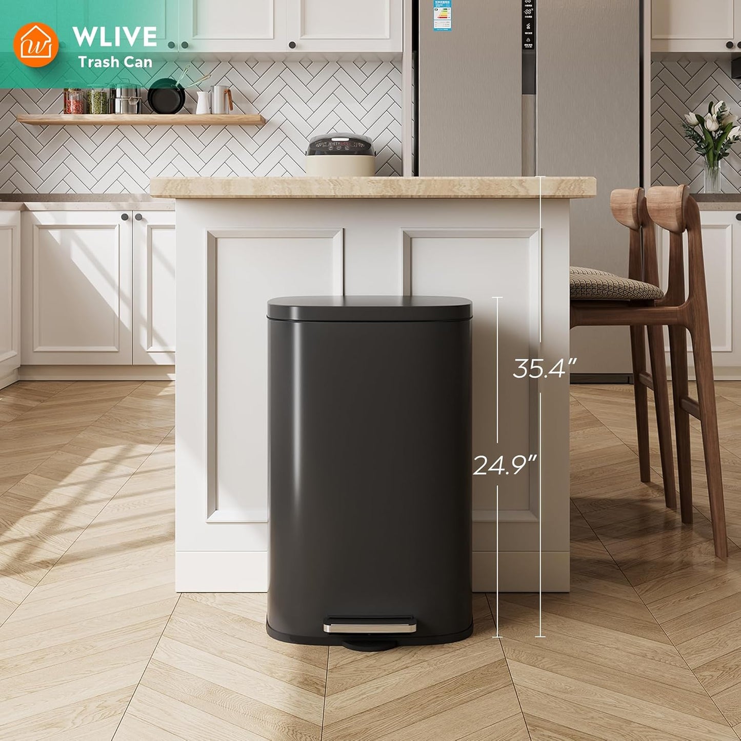 WLIVE 13 Gallon Stainless Steel Trash Can with Inner Bucket, Kitchen Garbage Can with Lid, 50L Soft Close Step Trash Can with Metal Foot for Home, Kitchen, Laundry Room, Office, Black
