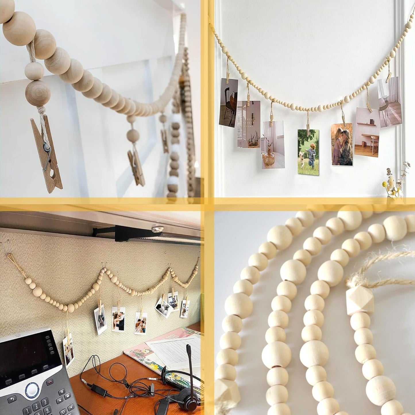 8 Feet Wooden Beads Garland with Clothespins Picture Cards Holder - Country Farmhouse Christmas Nursery Boho Holiday Decorations with Clips