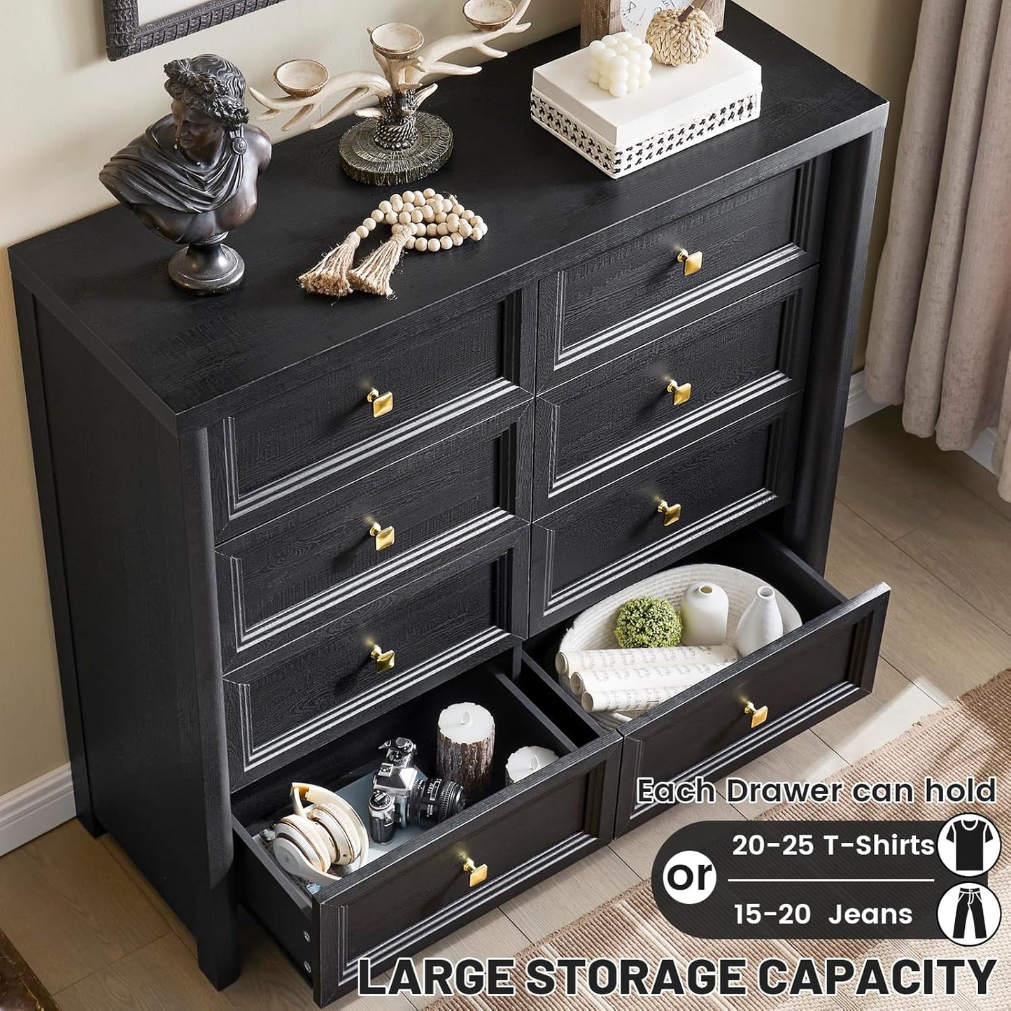 Farmhouse Dresser for Bedroom, 41" Tall Black Dresser with 8 Drawers, Soide Rustic Wood Vintage Dressers Chest of Drawers for Bedroom, Living Room, Hallway