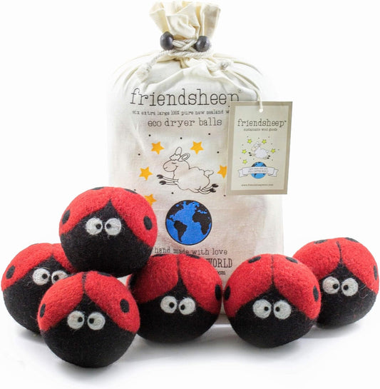 Friendsheep Wool Dryer Balls 6 Pack XL Organic Premium Reusable Cruelty Free Handmade Fair Trade No Lint Fabric Softener Ladybugs - Laundrybugs