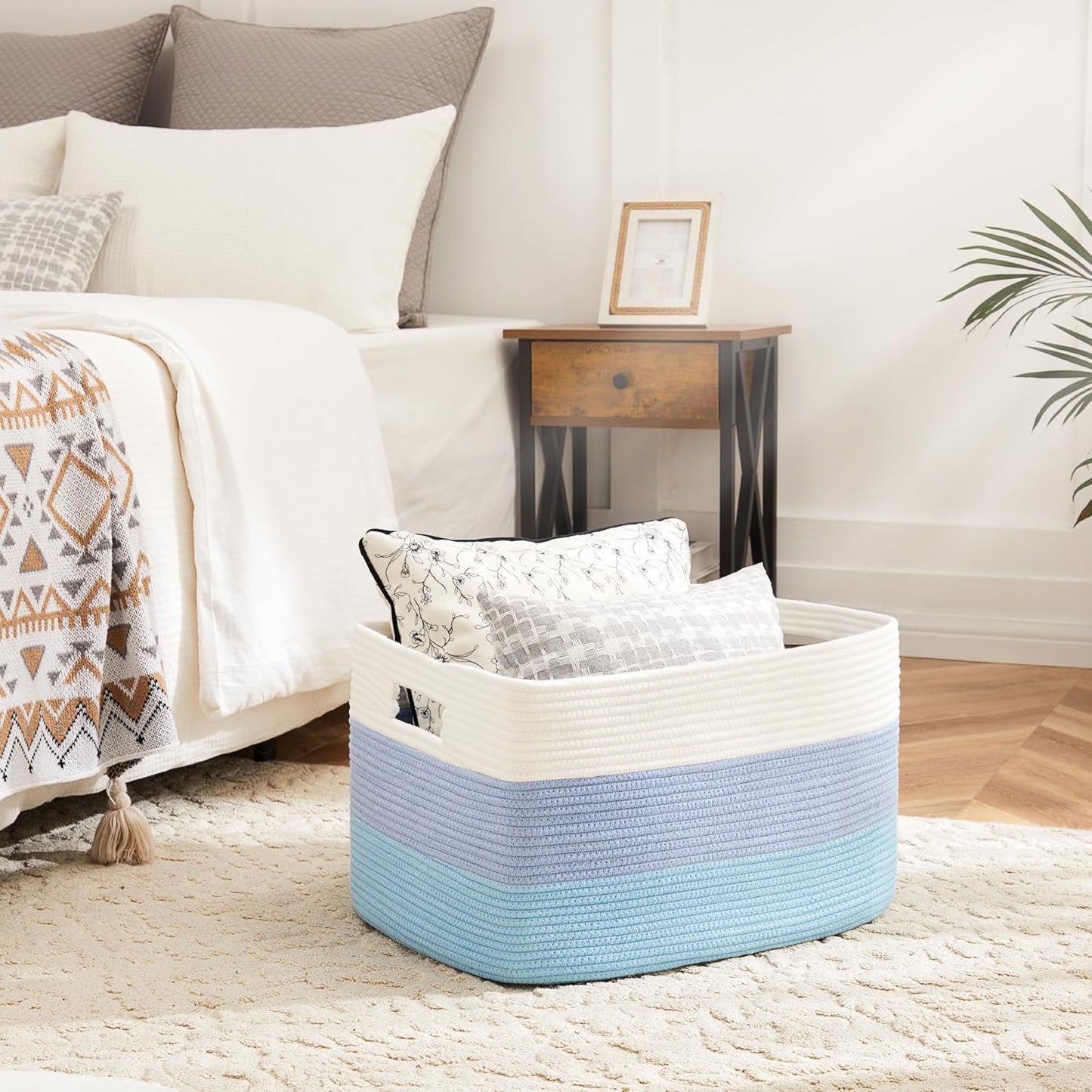 Blanket Basket,Rectangle Woven Baskets for Storage,30L Laundry Basket for Decorative Nursery Blanket,Toys,Dirty Clothes and Magazine in Shelves,Baby Room,and Living Room