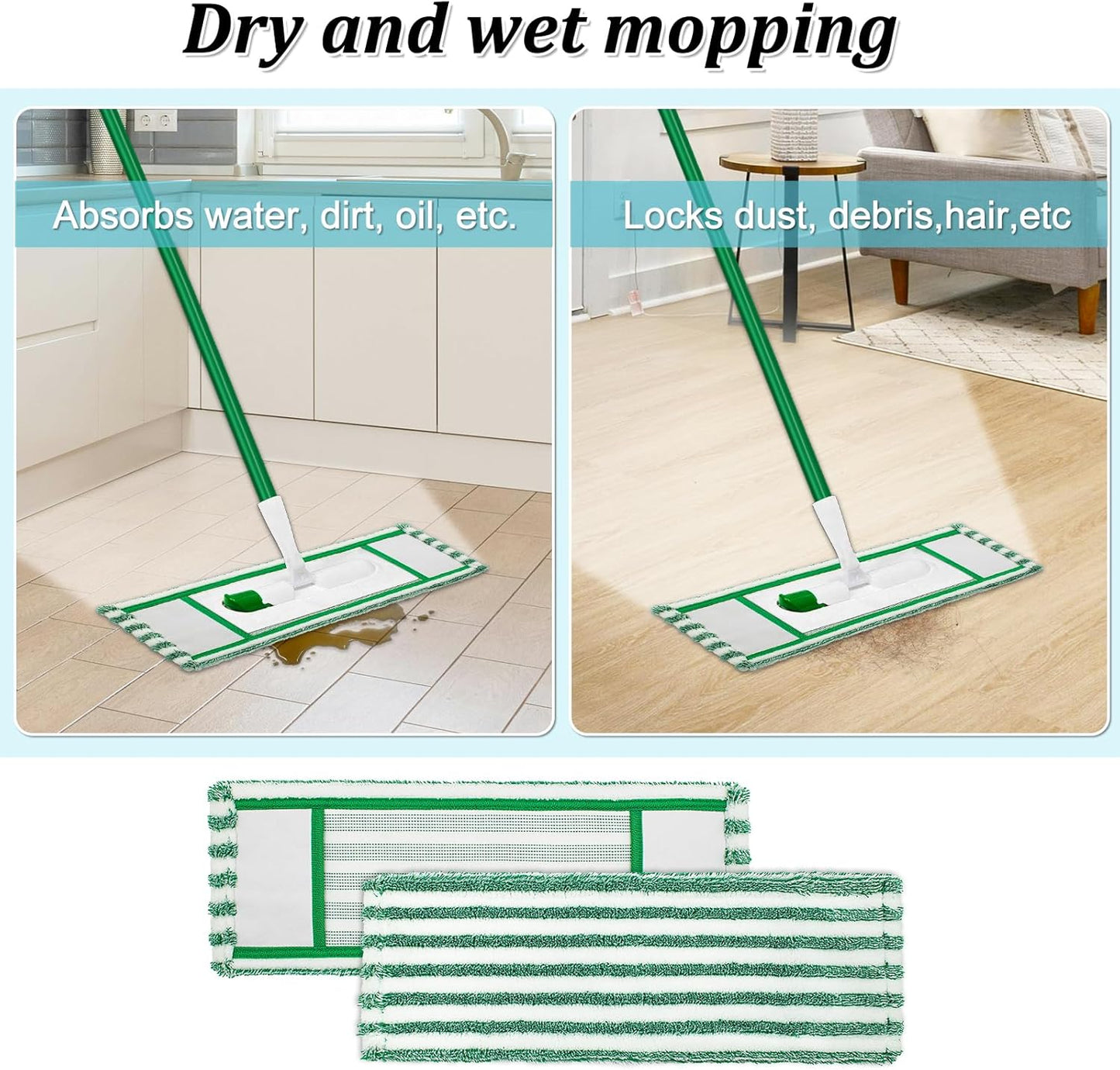 Microfiber Mop Pad Refills Compatible with Libman Wet & Dry Microfiber Mop,Reusable Mop Head Replacement for Multi Surface Floor Wet/Dry Cleaning,2 Pack Microfiber Dust Mop Pads Refills,Green/White