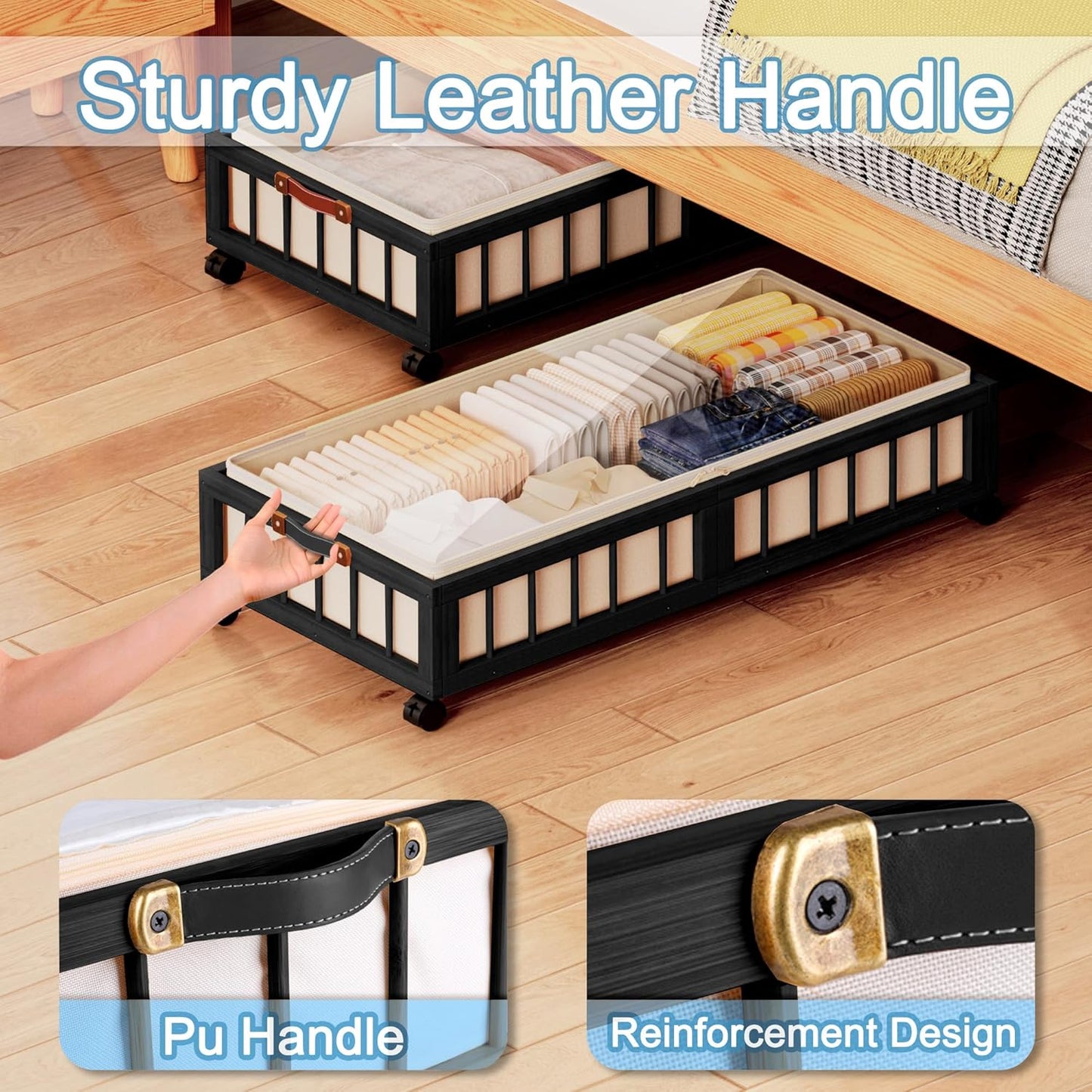 efluky 2-Pack Bamboo Under Bed Storage with Wheels, Rolling UnderBed Storage Basket with Large Dust Bag, Under Bed Storage Containers for Bedroom, Dorm and Basement, Black