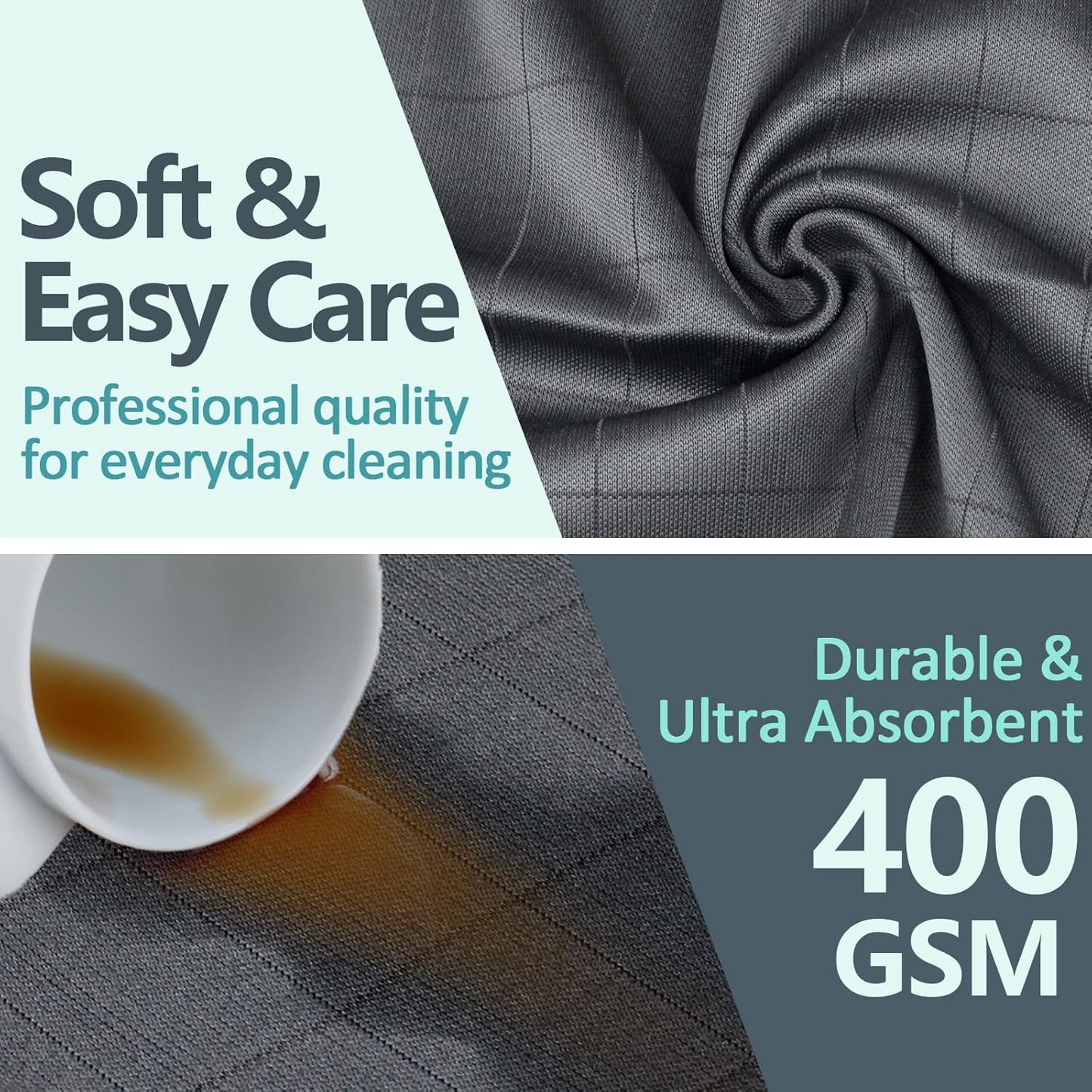 Airlab Microfiber Cleaning Cloth for Glass Cleaner Window Polishing Car Auto Detailing Lint Free Drying Dishes Kitchen Bathroom Magic Cleaning Cloths, Pack of 3, 12" x 12", Grey-Green