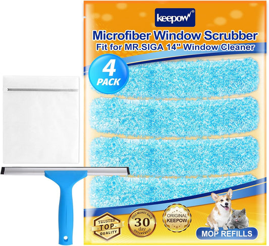 KEEPOW 14" Microfiber Window Scrubber Refill Replacement Compatible with MR.SIGA, Compatible with Ettore Professional Window Cleaning, Reusable & Washable Window Squeegee for Home (4 Pack)