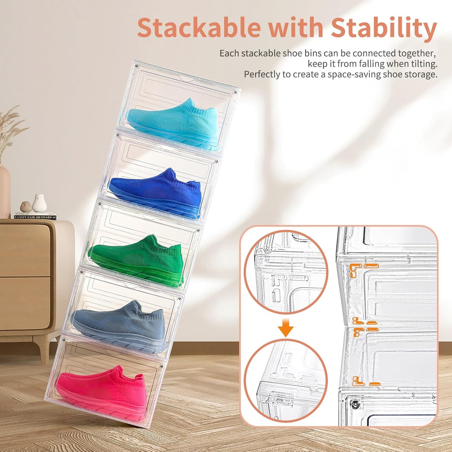 12 Pack Clear Shoe Boxes Stackable,Large Shoe Storage Organizer with Magnetic Door,Drop Side Shoe Containers for Entryway,Sneaker Storage Fit up to US Size 12 for Men/Women