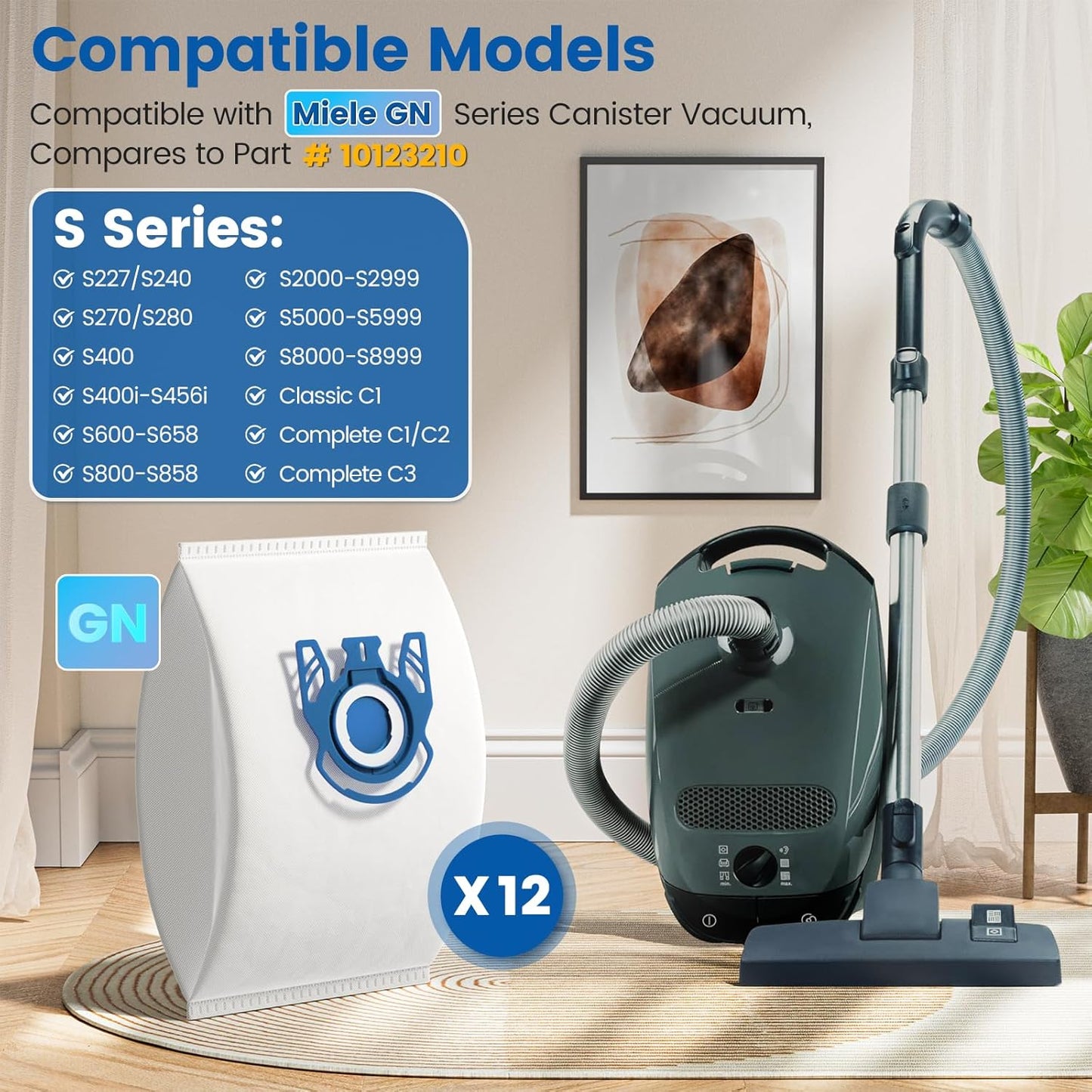 12 Pack 3D Airclean GN Vacuum Bags Compatible with Miele Classic C1, Complete C1, Complete C2, Complete C3, S227 S240, S270, S400, S2, S5, S8 Series Canister Vacuum Cleaner
