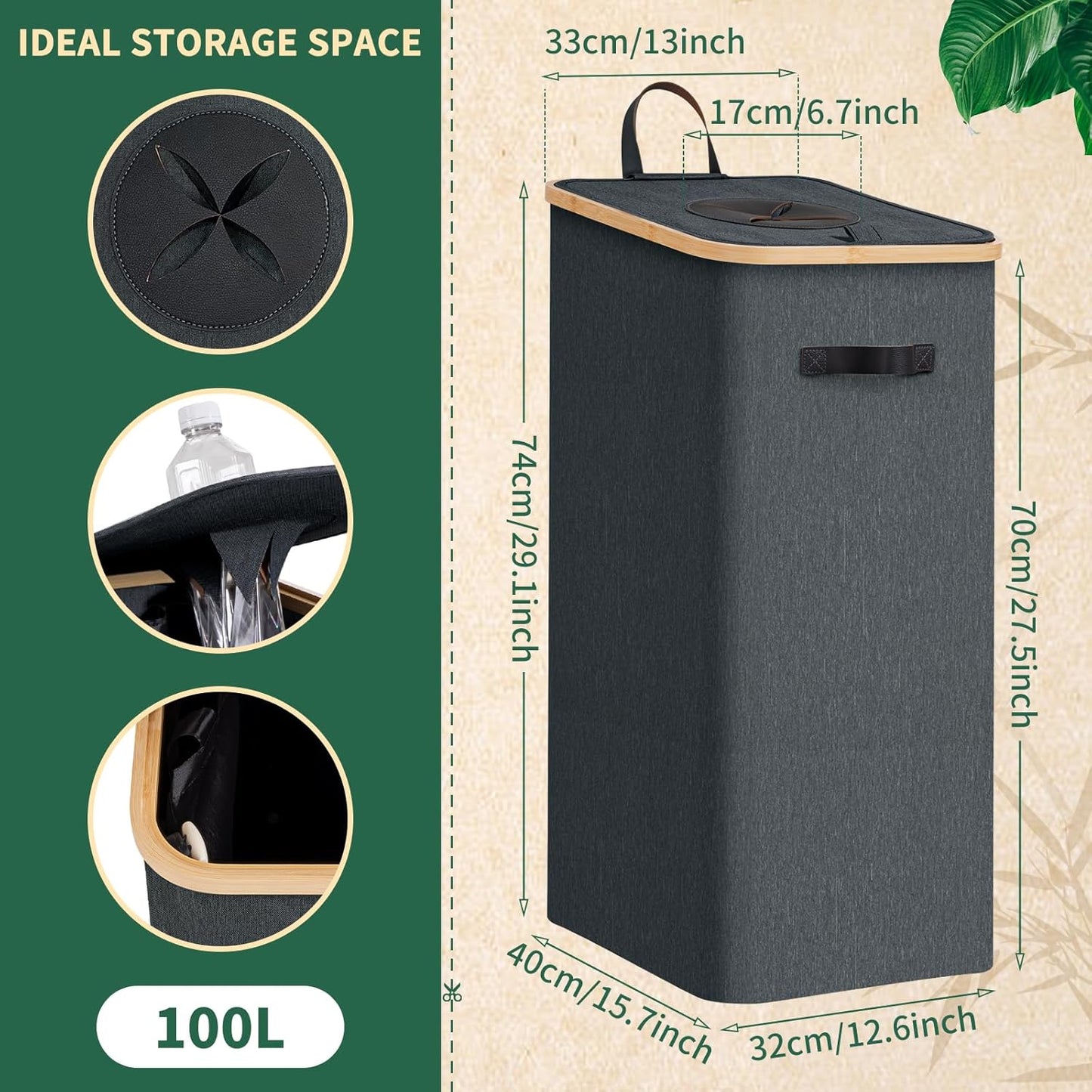 Recycling Bin for Kitchen Indoor Home 26 Gallon, 100L Recycle Bin with Removeable and Reusable Inner Bag, Recycling bin with lid for Bottles Cans Glass Plastice Cartons (Dark Gray)